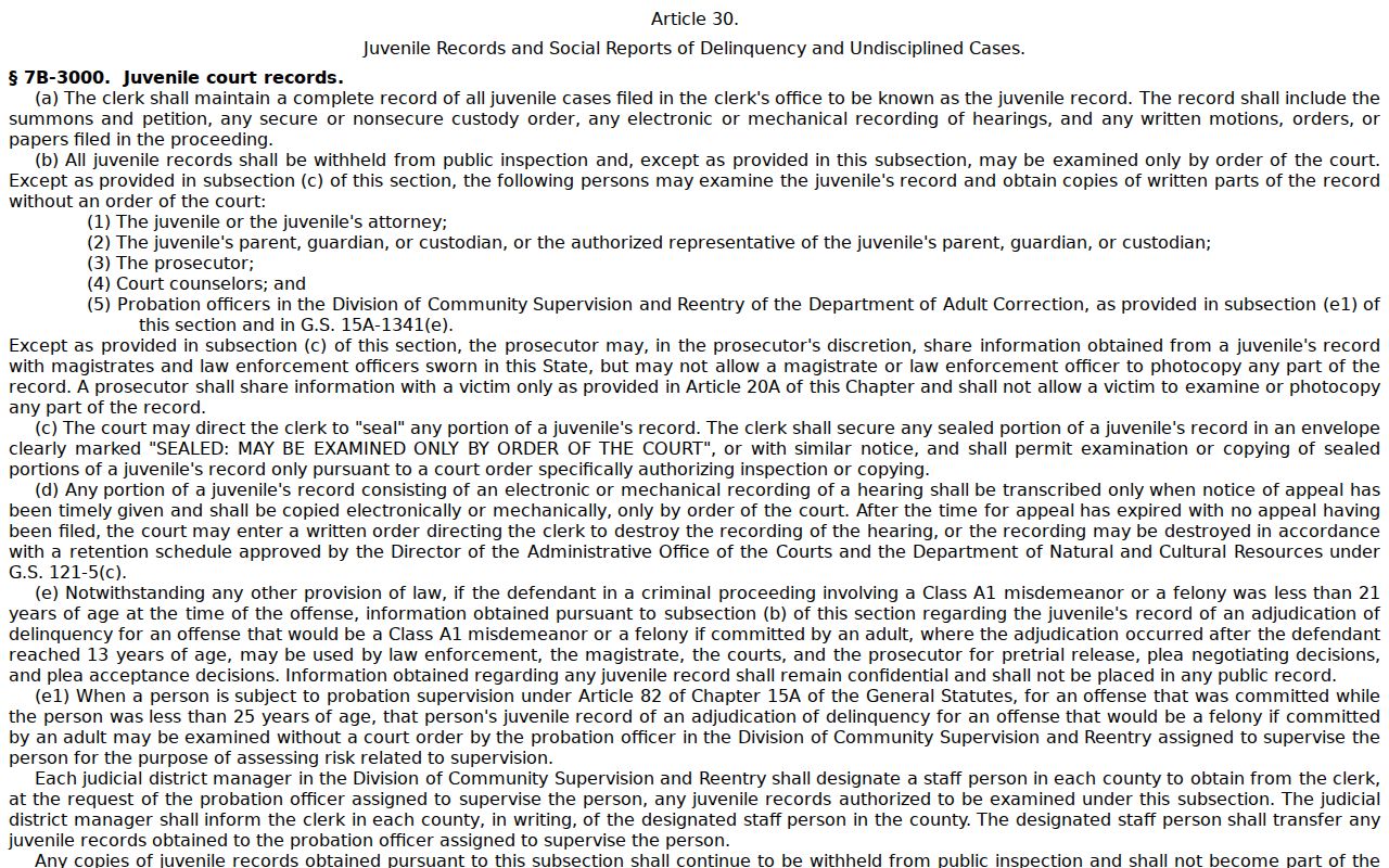 Ayden court docket record access reference for North Carolina juvenile confidentiality law