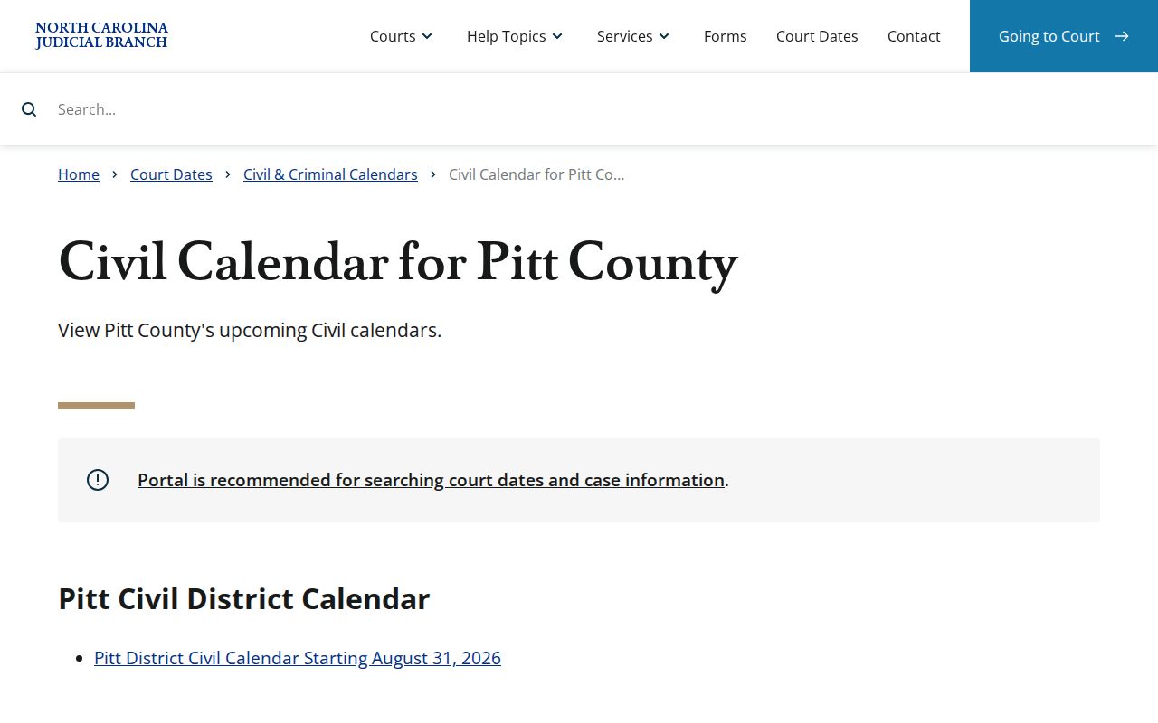 Pitt County civil docket civil calendar interface