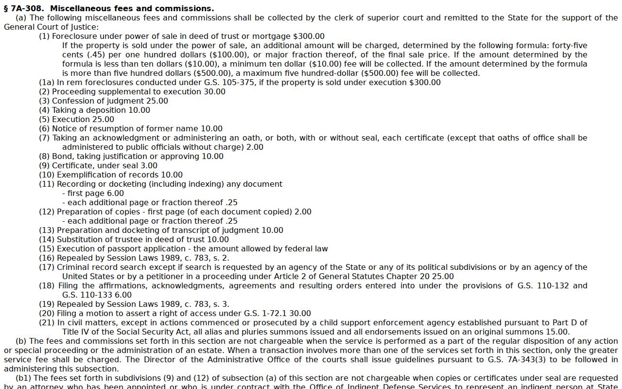 Pitt County court records statutory copy and certification fee source