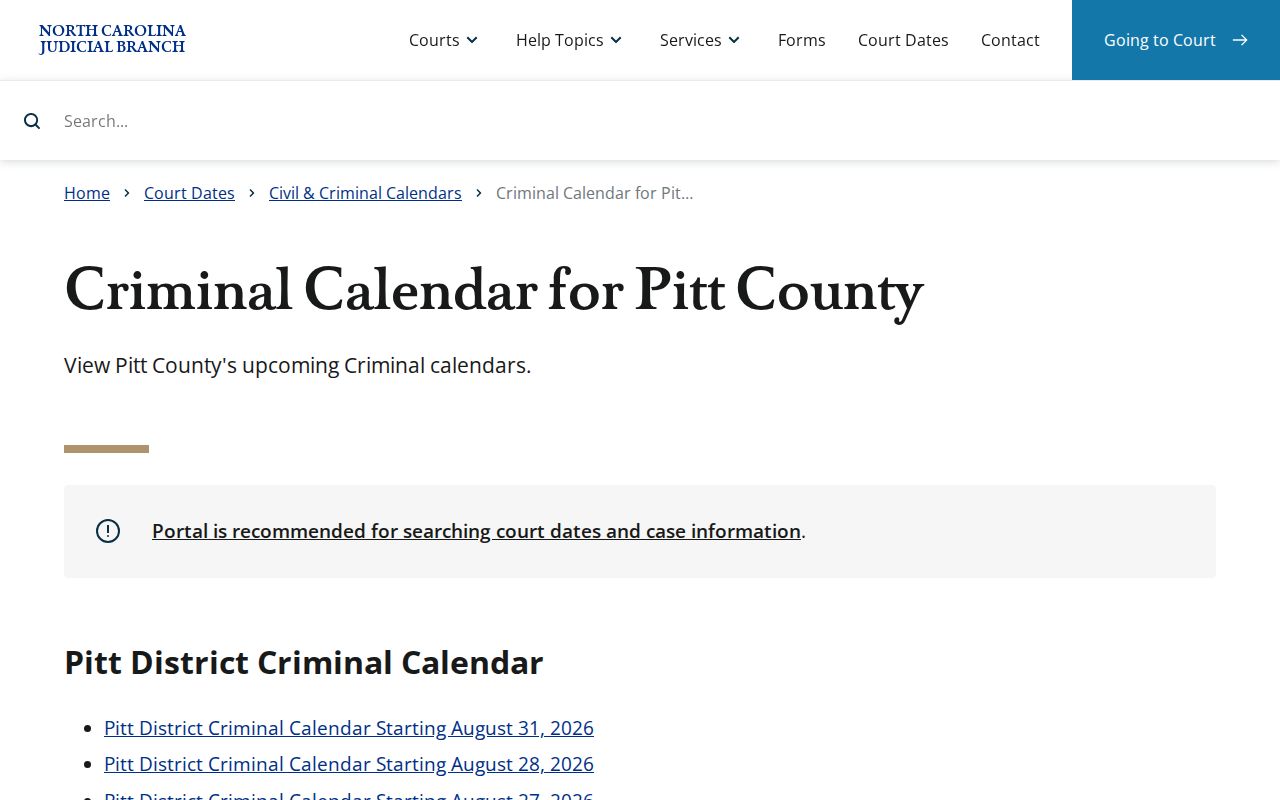 Pitt County criminal docket criminal calendar interface