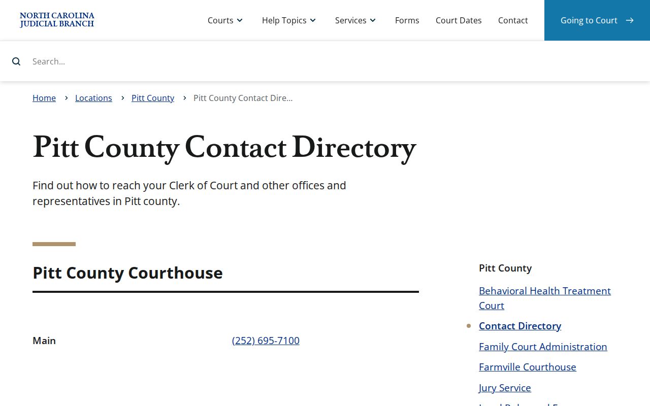 Pitt County court docket Clerk contact directory