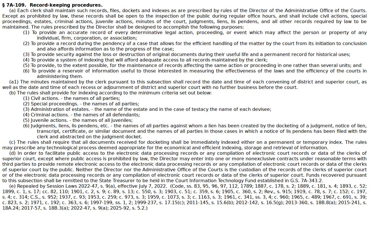 Pitt County court docket clerk records statute
